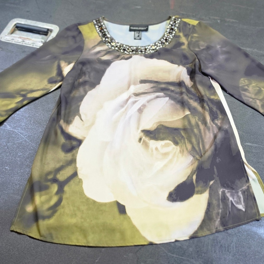 Frank Lyman Design Floral Rose Embellished Neck Bell Sleeve Tunic OLD MONEY Sz 6